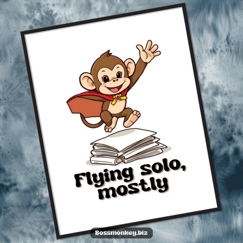 Funny Hero Monkey Poster: A mischievous monkey in a cape leaps over documents, capturing a moment of funny, heroic action.