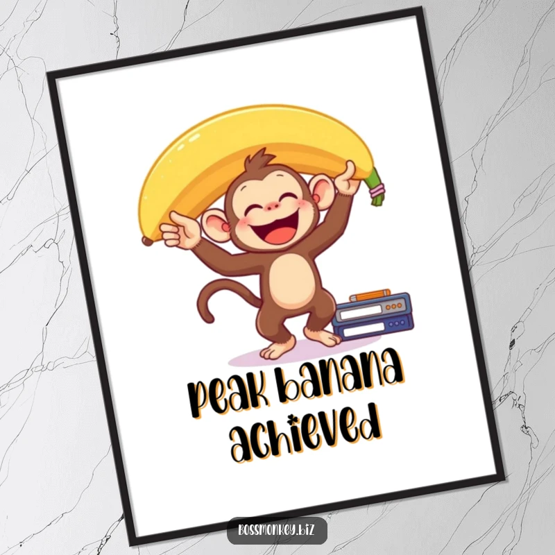Funny Banana Monkey Poster: A delighted monkey balances a giant banana on its head on a desk, creating a humorous scene of joyful effort.