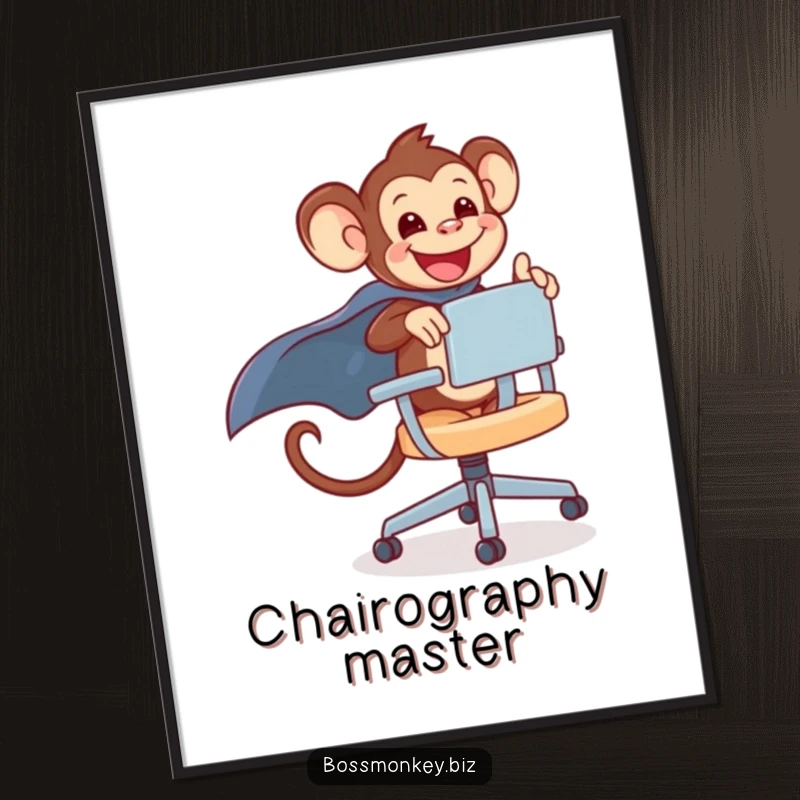 Funny kawaii monkey gleefully riding a rolling office chair with a cape, a poster celebrating office fun.