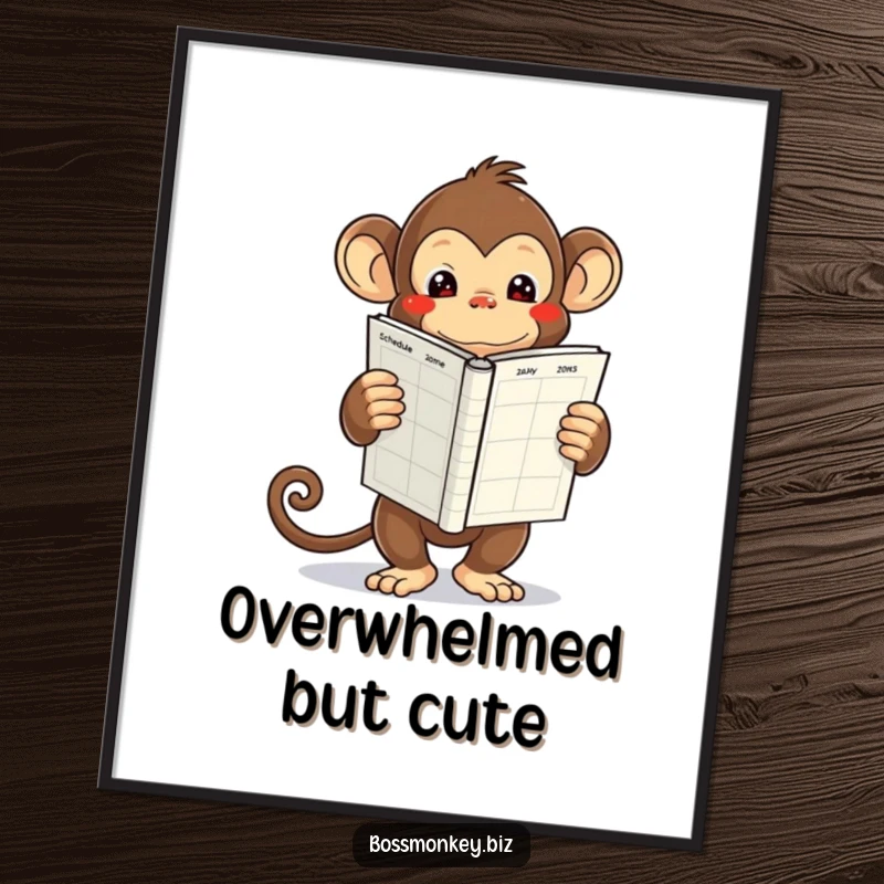Funny kawaii monkey holding a large, empty schedule book, looking overwhelmed, a poster of relatable scheduling humor.