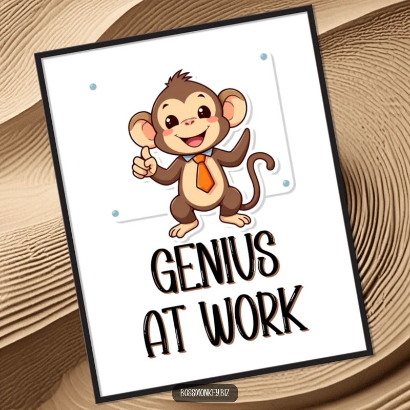 Funny kawaii monkey in a tiny tie triumphantly pointing at a whiteboard, inspiring artwork for poster decoration.