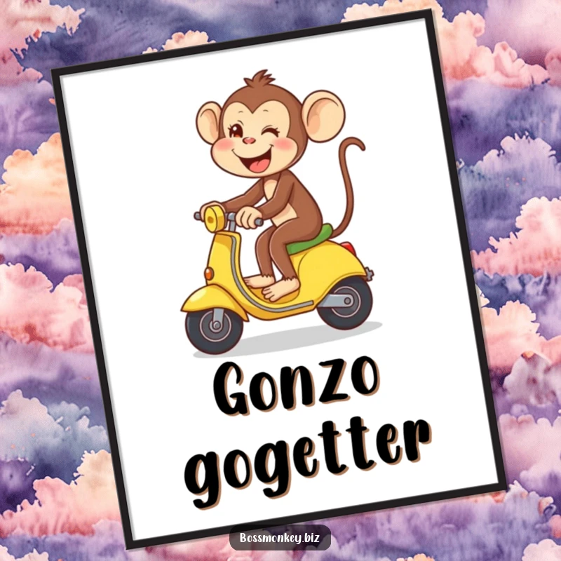 Funny Banana Ride Poster: Playful monkey gleefully riding a banana like a scooter, humorous wall art for a cheerful vibe.