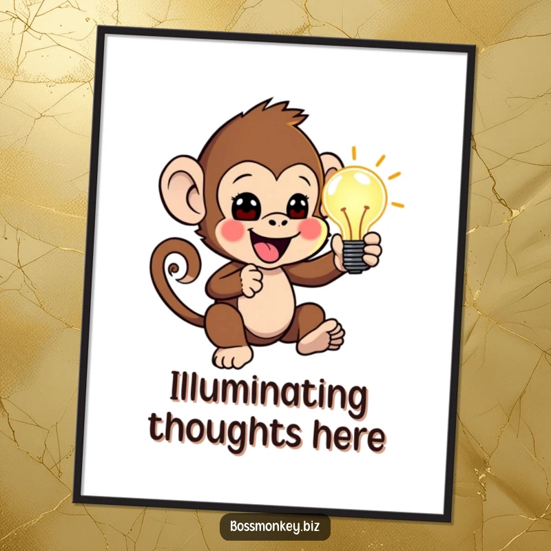 Funny Lightbulb Moment Poster: Little monkey enthusiastically presenting a glowing idea lightbulb, humorous wall art for inspiration.