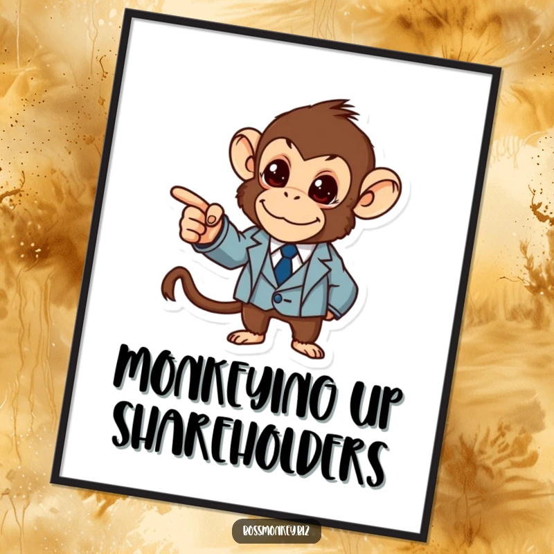 Funny Business Monkey Poster: A determined monkey in a tiny suit authoritatively points at a graph, representing driven ambition with humorous flair.