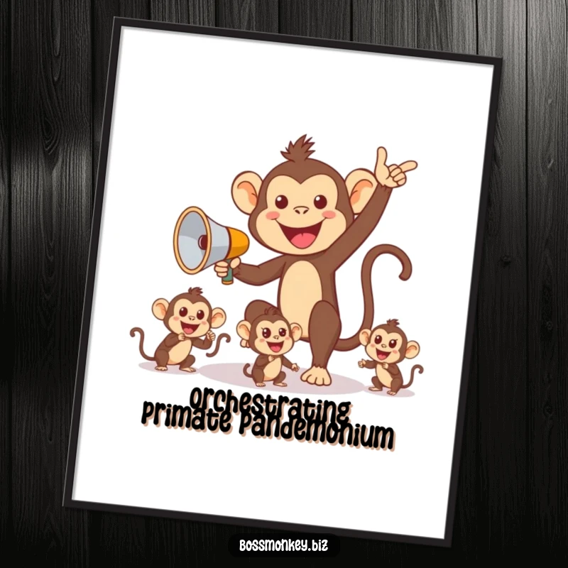 Funny Monkey Management Poster: Cheerful monkey with megaphone directing smaller monkeys, showcasing humorous leadership and teamwork.