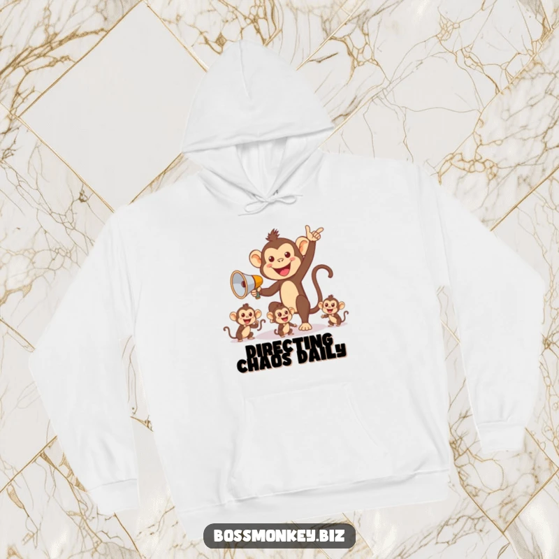 Funny Monkey Director Hoodie: Cheerful monkey with megaphone directing smaller monkeys, a humorous take on leadership.
