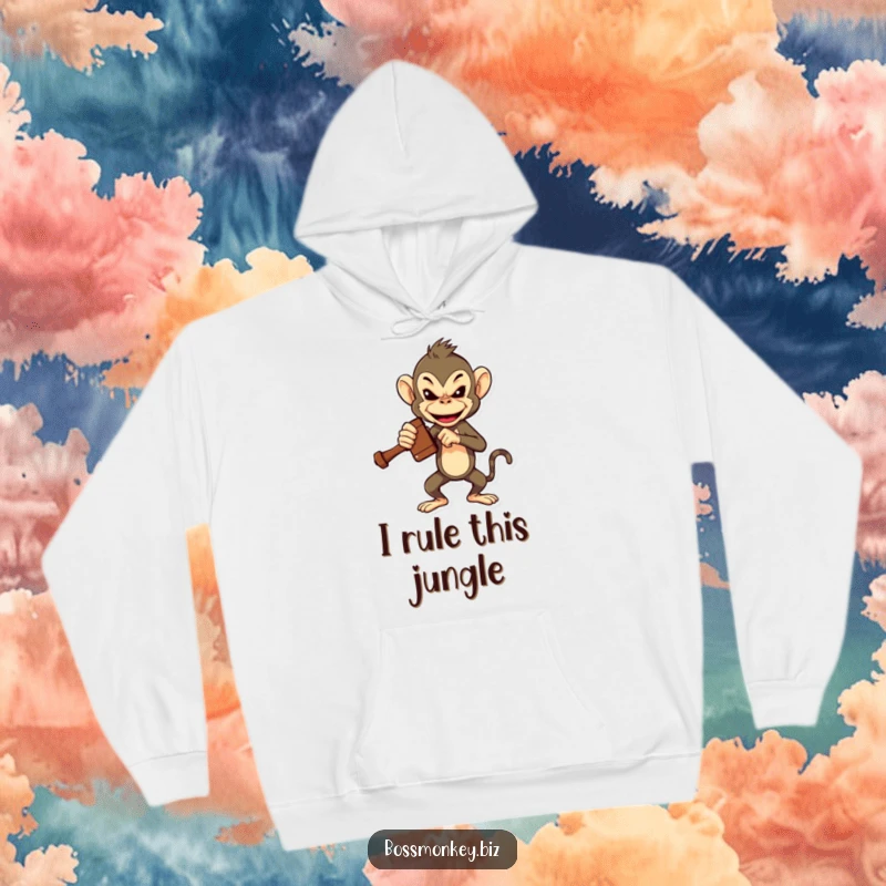 Funny Boss Monkey Gavel Hoodie: A bossy monkey dramatically slams a miniature gavel, exuding humorous command and authority.