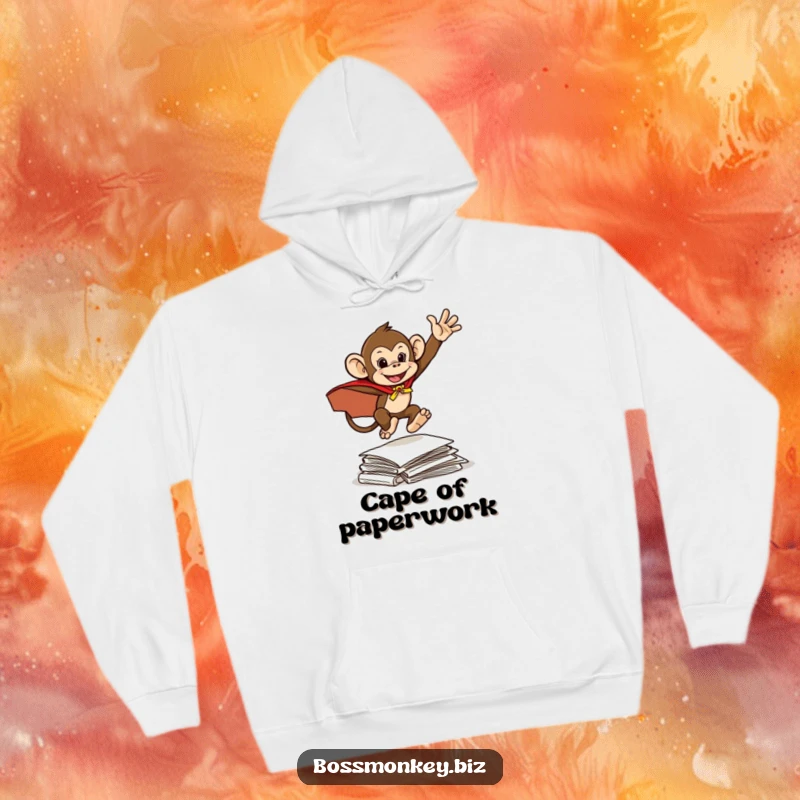 Funny Hero Monkey Cape Hoodie: A mischievous monkey in a cape leaps over documents, representing a funny, super-powered approach to tasks.