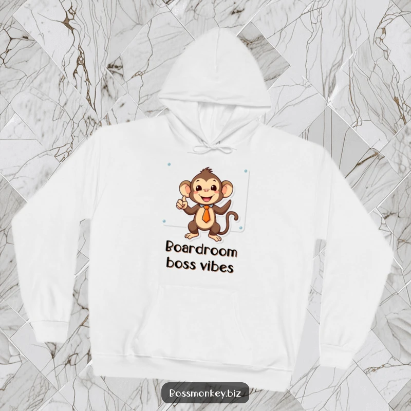 Funny kawaii monkey in a tiny tie triumphantly pointing at a whiteboard, embodying success on a cozy hoodie.