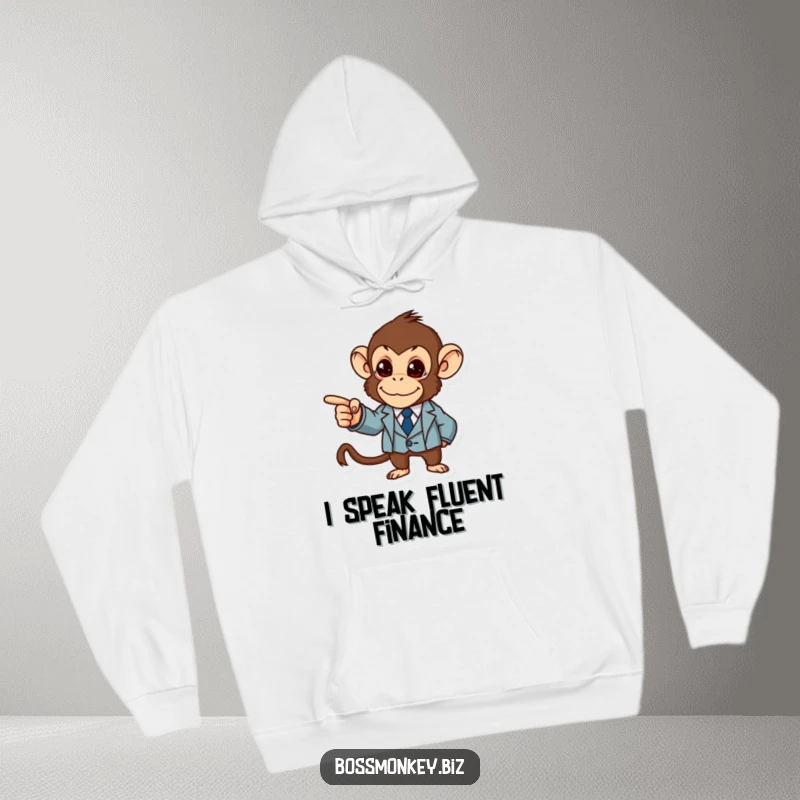 Funny Business Monkey Hoodie: A determined monkey in a tiny suit boldly points at a rising graph, a humorous representation of business success.