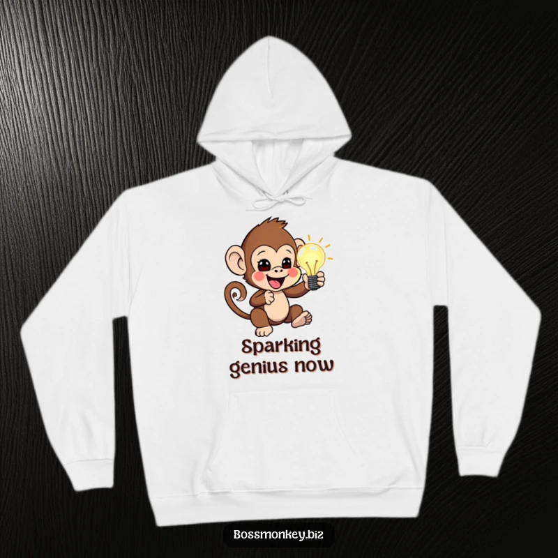 Funny Idea Generator Hoodie: Little monkey enthusiastically presenting a glowing idea lightbulb, a humorous and cozy piece.