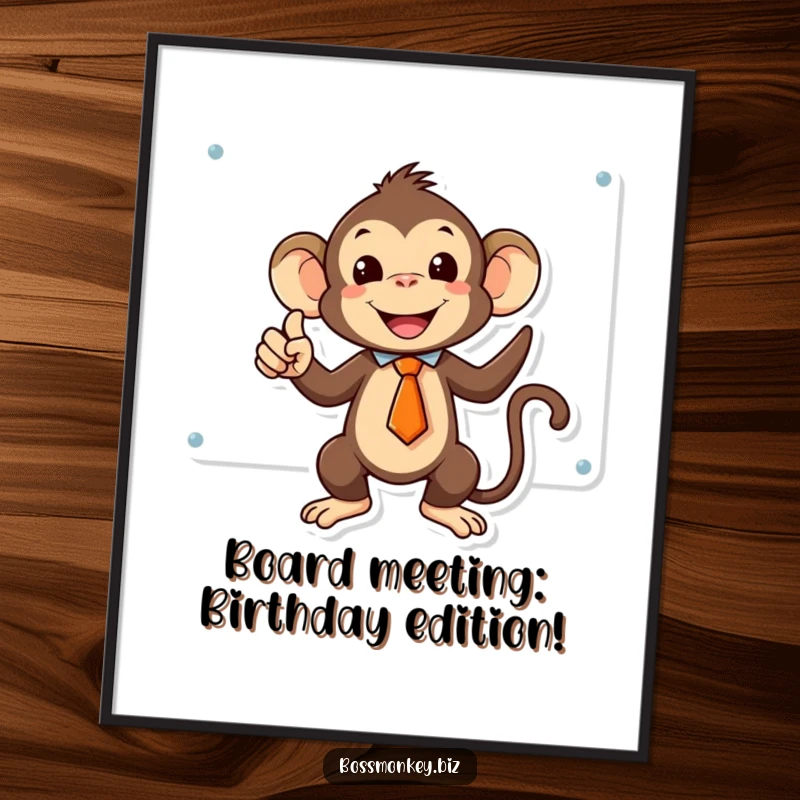 Funny Free Printable Wall Art: Kawaii monkey in a tie triumphantly points at a whiteboard, exuding success.