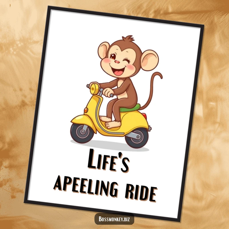Funny Free Printable Wall Art: Monkey gleefully riding a banana like a scooter, pure joy, hilarious downloadable decor.