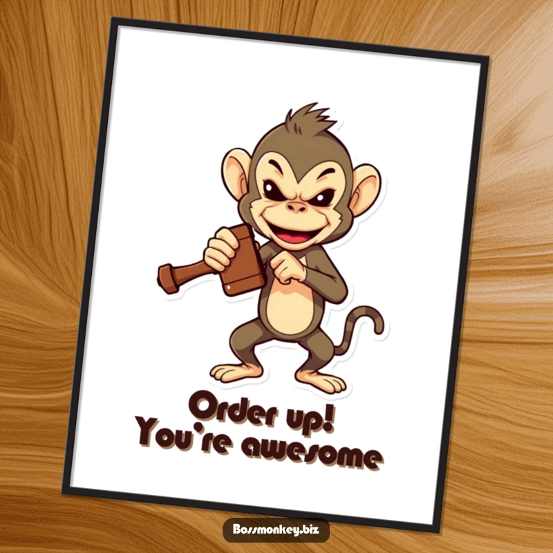 Funny Free Printable Wall Art: Bossy monkey dramatically slams a miniature gavel, embodying humorous authority and power.