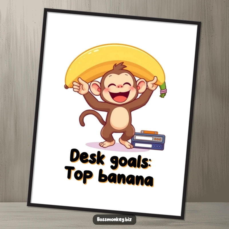 Funny Free Printable Wall Art: Delighted monkey balances a giant banana on its head while standing precariously on a desk.