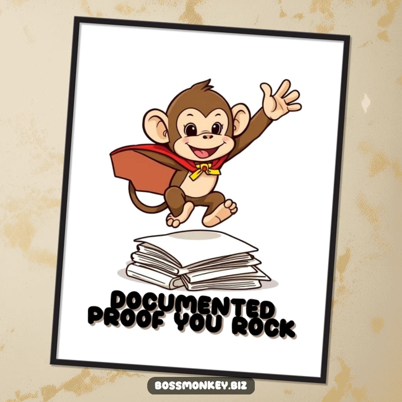 Funny Free Printable Wall Art: Mischievous monkey wearing a cape leaps heroically over a pile of documents, full of playful energy.