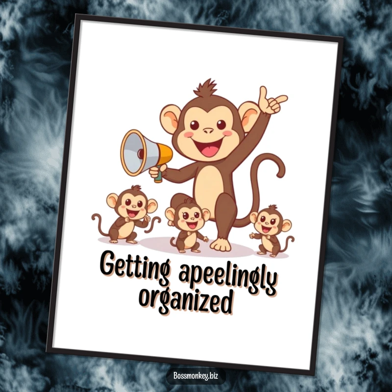 Funny Free Printable Wall Art: Monkey directing team with megaphone, commanding presence, hilarious downloadable office art.