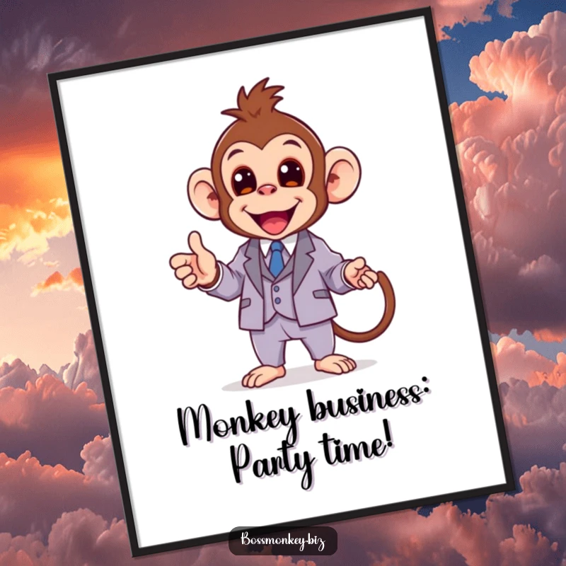 Funny Free Printable Wall Art: Kawaii monkey in a tiny suit giving an animated presentation with enthusiasm.