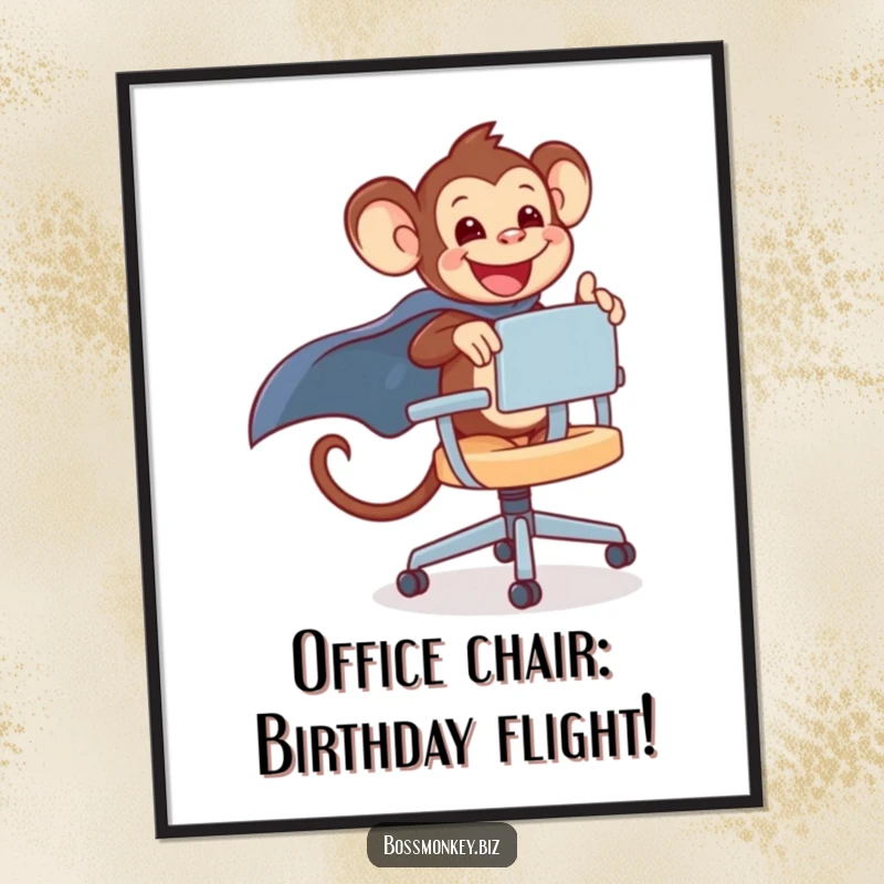 Funny Free Printable Wall Art: Kawaii monkey gleefully rides an office chair, a cape flowing dramatically.