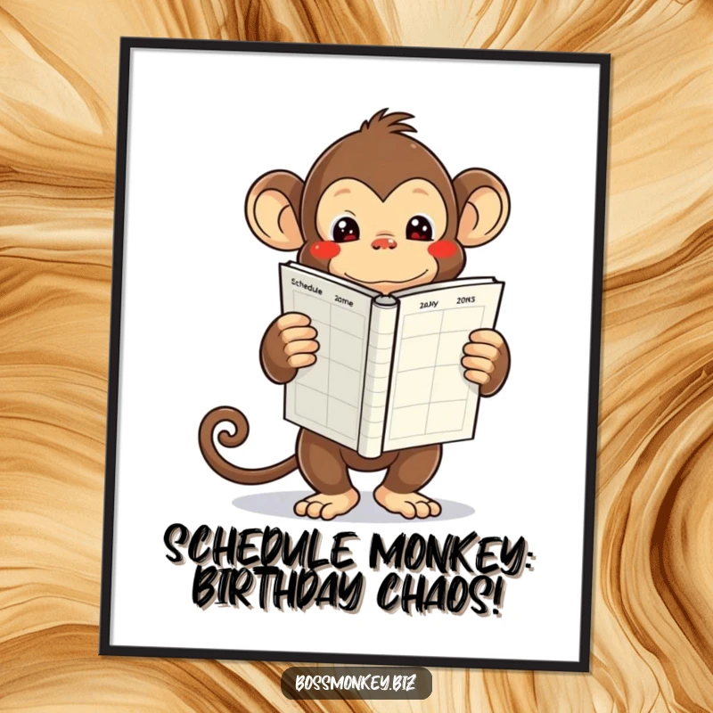 Funny Free Printable Wall Art: Kawaii monkey drowning in tasks, holding a large, empty schedule book.
