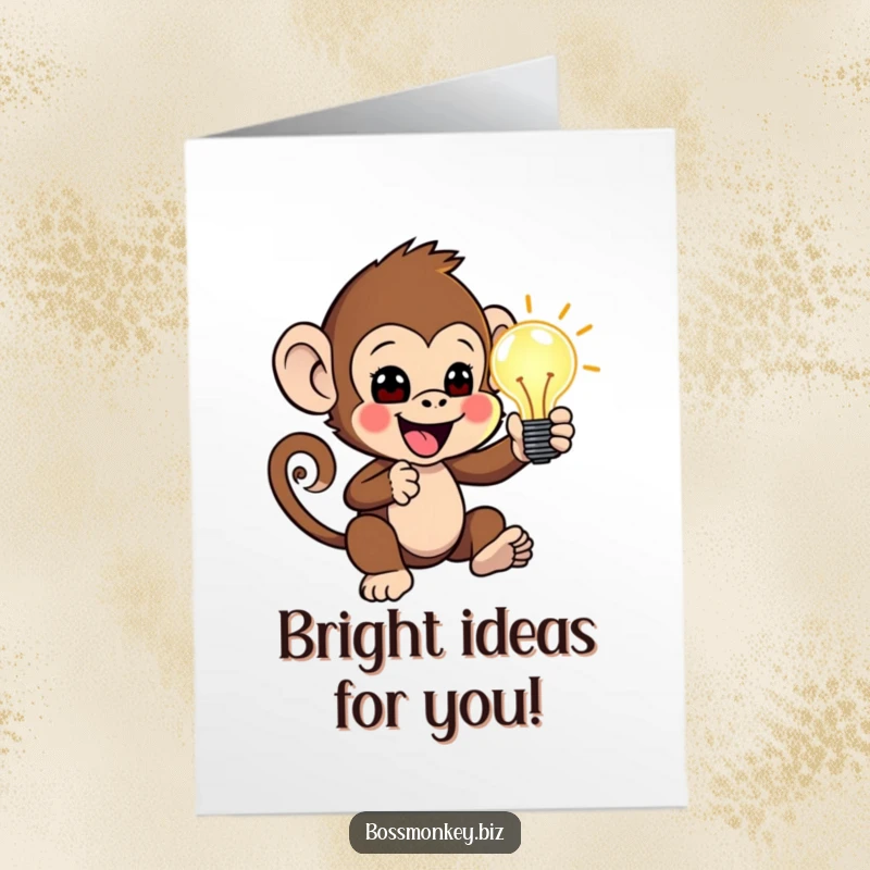 Funny Free Printable Birthday Card: Little monkey enthusiastically presenting a glowing idea lightbulb, brilliant concept, hilarious downloadable gift.