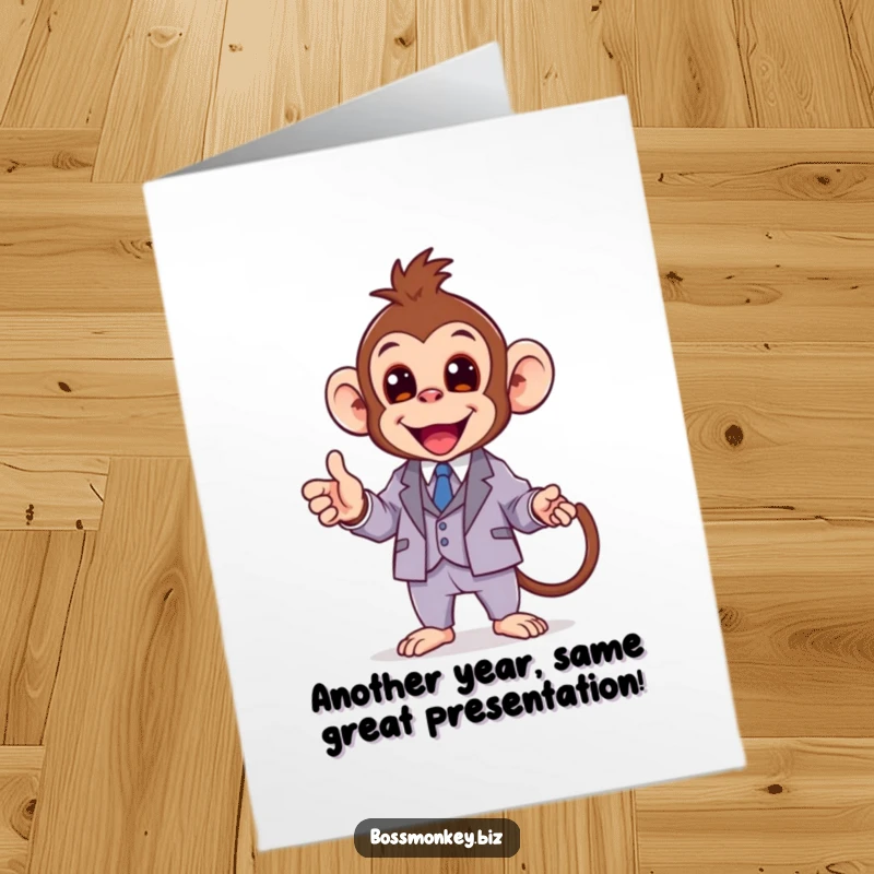 Funny Free Printable Birthday Card: Kawaii monkey in a suit enthusiastically gives a presentation, full of energy.