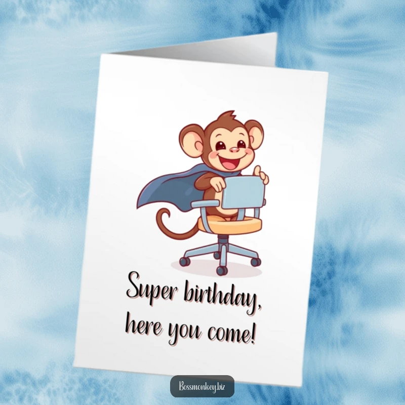 Funny Free Printable Birthday Card: Kawaii monkey joyfully rides an office chair with a flowing cape.