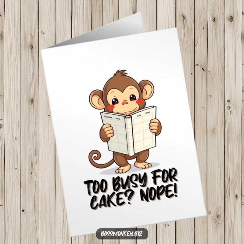 Funny Free Printable Birthday Card: Kawaii monkey looks overwhelmed holding a large, empty schedule book.