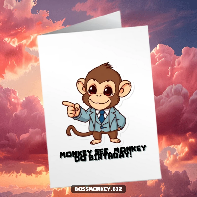 Funny Free Printable Birthday Card: Determined monkey in a suit points at a graph, exuding bossy birthday cheer.