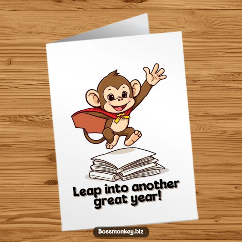 Funny Free Printable Birthday Card: Mischievous monkey in a cape leaps over documents, celebrating a heroic birthday.