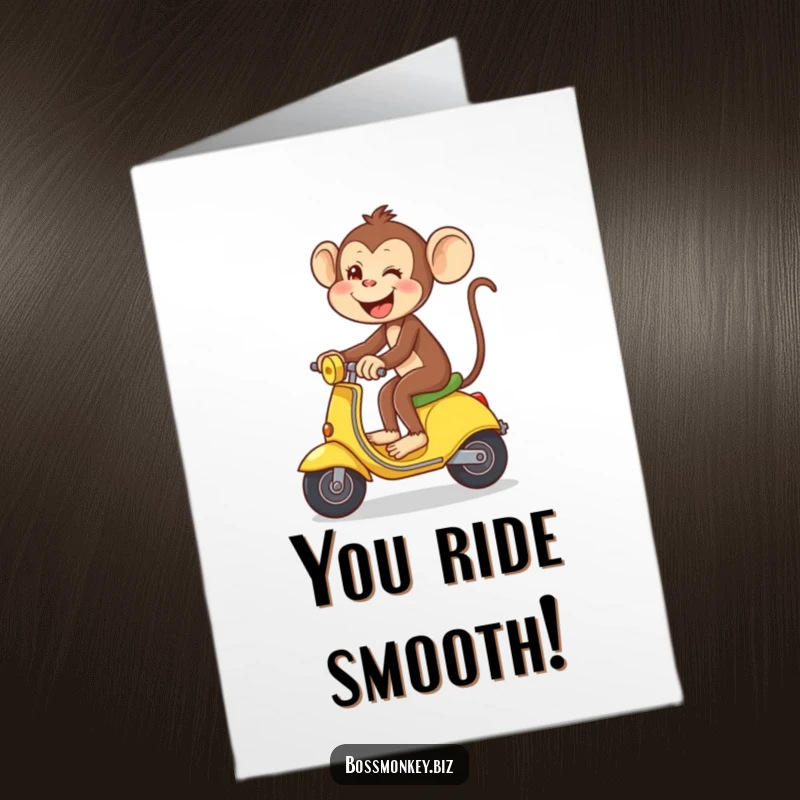 Funny Free Printable Congrats Card: Monkey gleefully riding a banana like a scooter, celebrating victory, a fun downloadable gift.