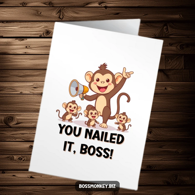 Funny Free Printable Congrats Card: Monkey directing team with megaphone, celebrating success, a hilarious motivational gift.