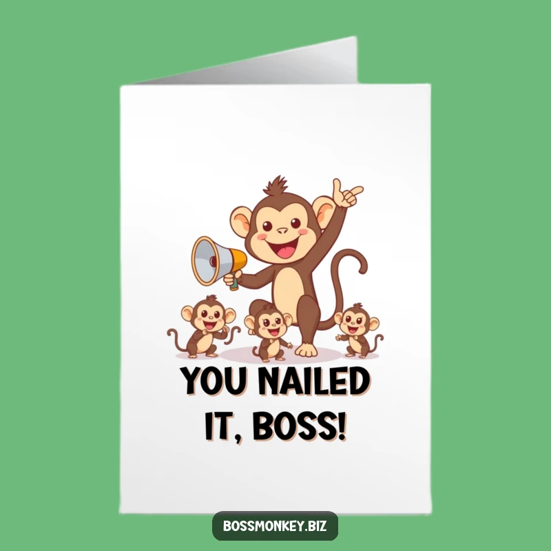 Free Printable Congrats Card: Monkey Megaphone Teamwork - Funny Downloadable Achievement Gift