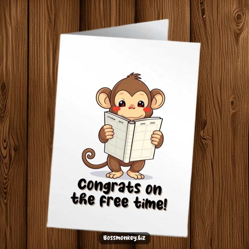 Funny Free Printable Congratulations Card: Kawaii monkey looks stressed holding a huge, empty schedule.