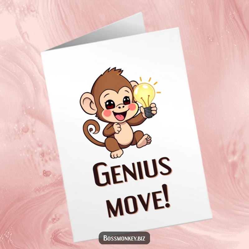 Funny Free Printable Congrats Card: Little monkey enthusiastically presenting a glowing idea lightbulb, celebrating genius, a clever downloadable gift.