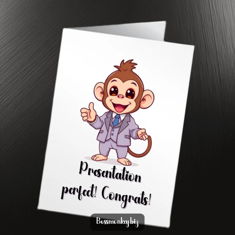 Funny Free Printable Congratulations Card: Kawaii monkey in a miniature suit giving an energetic presentation.