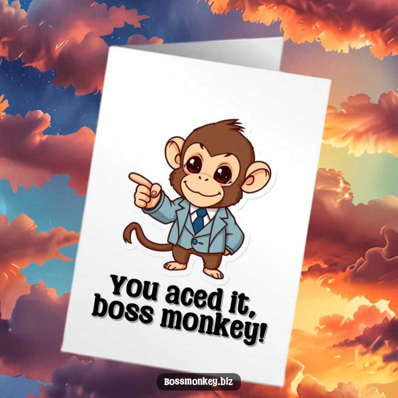 Funny Free Printable Congratulations Card: Monkey in a suit points at a graph, celebrating success with a determined look.