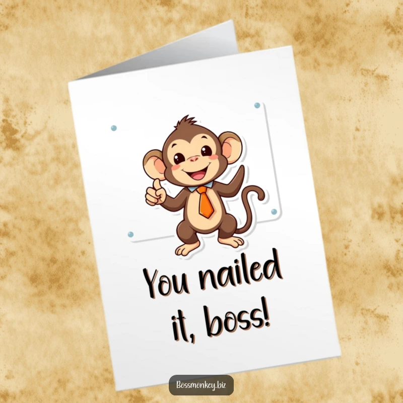 Funny Free Printable Congratulations Card: Kawaii monkey in a tie points at whiteboard, celebrating achievement.