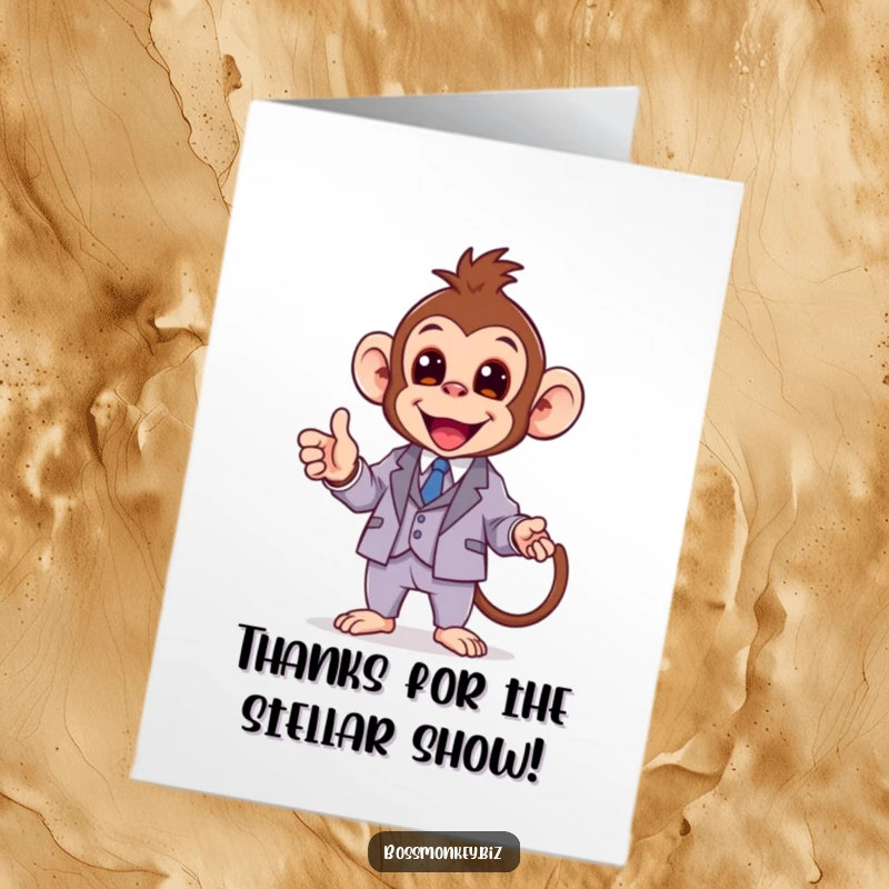Funny Free Printable Thank You Card: A kawaii monkey in a small suit enthusiastically presents with a pointer.