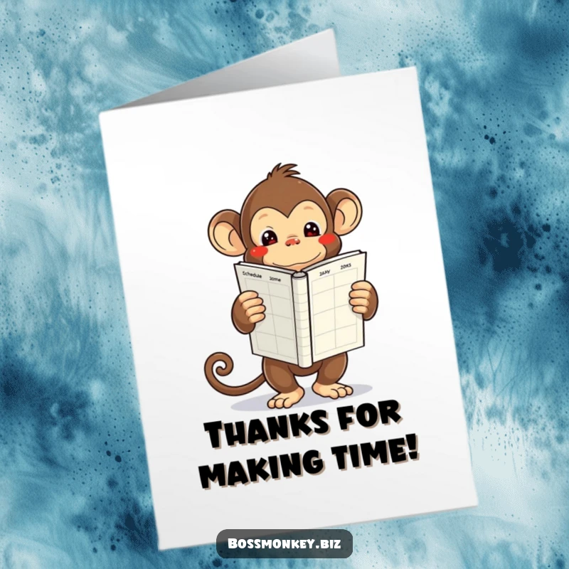 Funny Free Printable Thank You Card: Kawaii monkey appears overwhelmed by a large, empty schedule book.