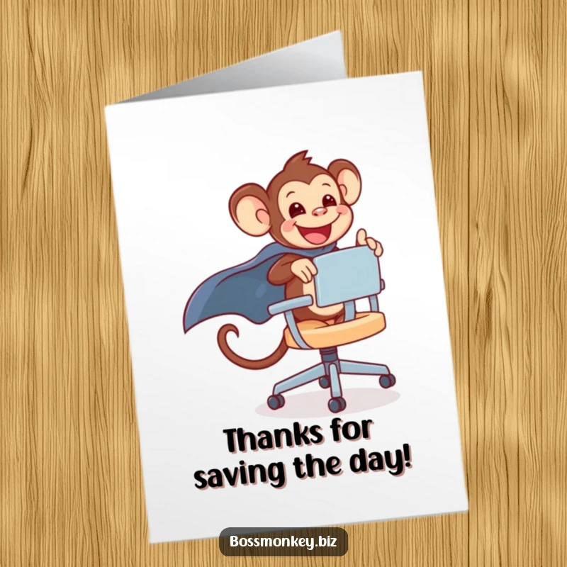 Funny Free Printable Thank You Card: Kawaii monkey zooms gleefully on an office chair, wearing a cape.