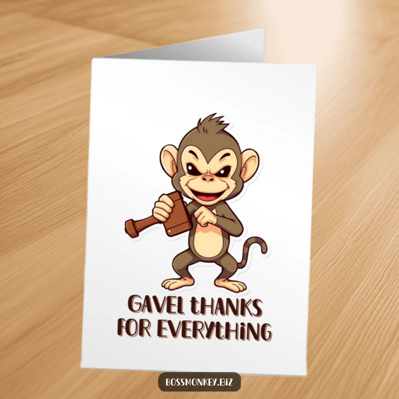 Funny Free Printable Thank You Card: Bossy monkey slams a miniature gavel, delivering a forceful and humorous thank you.