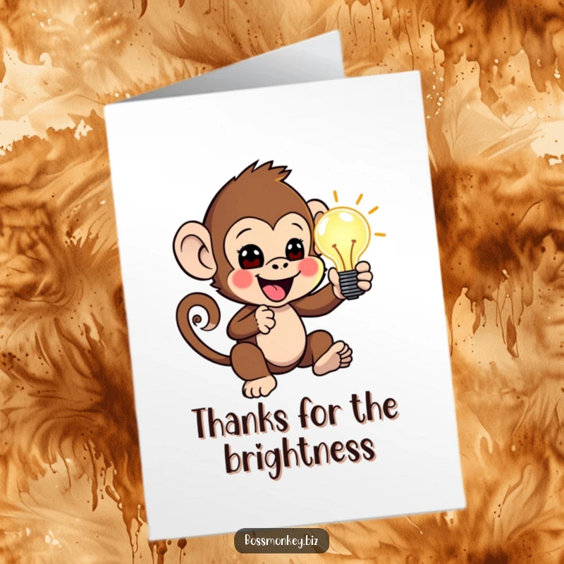 Funny Free Printable Thank You Card: Little monkey enthusiastically presenting a glowing idea lightbulb, inspiring thanks, a thoughtful downloadable gift.