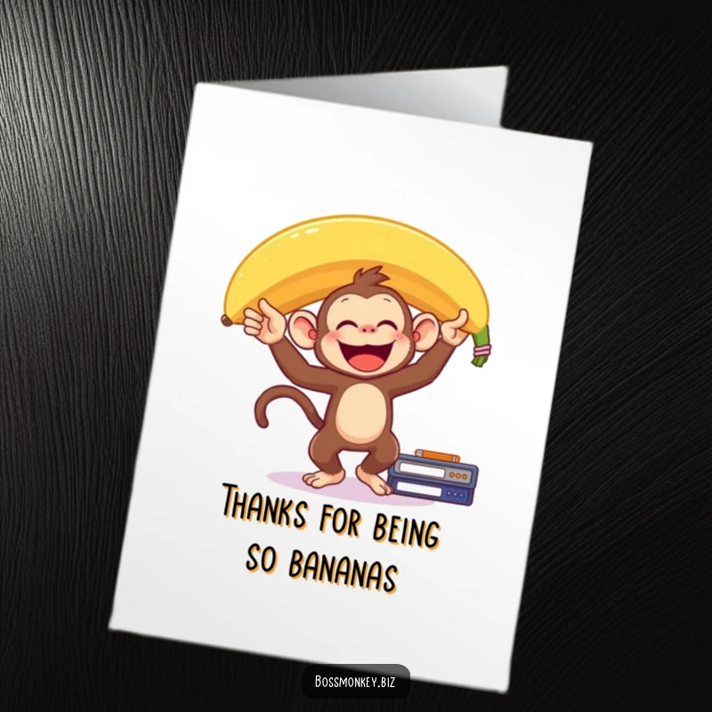 Funny Free Printable Thank You Card: Delighted monkey balances a giant banana on its head while standing on a desk, offering thanks.