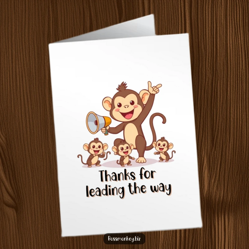Funny Free Printable Thank You Card: Monkey directing team with megaphone, expressing thanks, a unique downloadable gift.