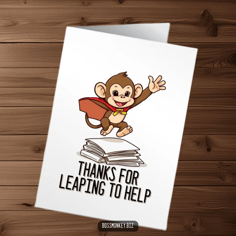 Funny Free Printable Thank You Card: Mischievous monkey in a cape leaps over documents, offering a funny thank you.