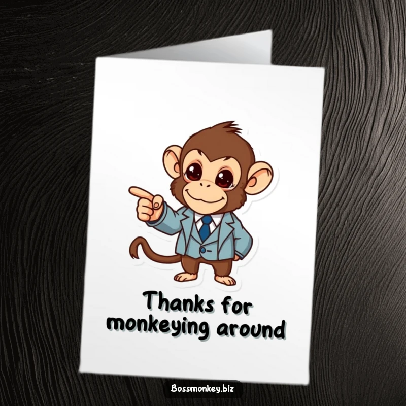 Funny Free Printable Thank You Card: Monkey in a suit points authoritatively at a graph, offering a humorous thank you.