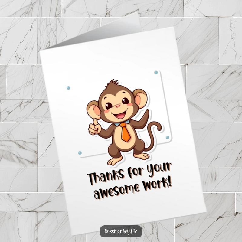Funny Free Printable Thank You Card: Kawaii monkey wearing a tie points at a whiteboard, expressing thanks.