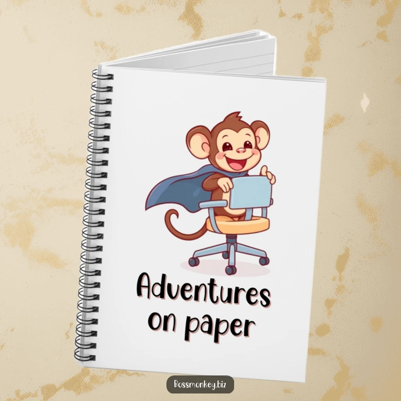 Funny kawaii monkey gleefully riding a rolling office chair with a cape, a notebook for planning adventures.