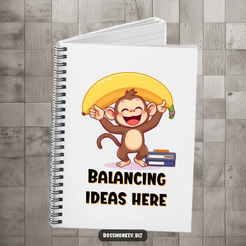 Funny Banana Monkey Notebook: A delighted monkey balances a giant banana on its head on a desk, inspiring funny planning.
